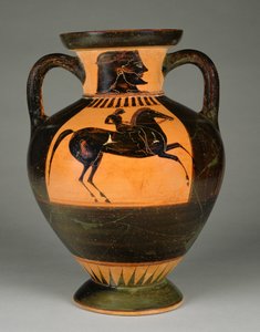 Ânfora ateniense ática de figuras negras com cavaleiro nu, c.570-60 (terracota)